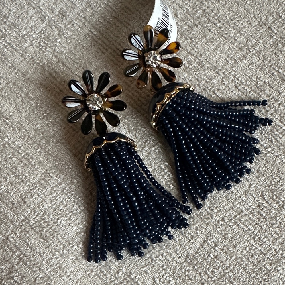 J.Crew Navy Beaded Tassel Earrings with Tortoise Flower, Navy and Gold